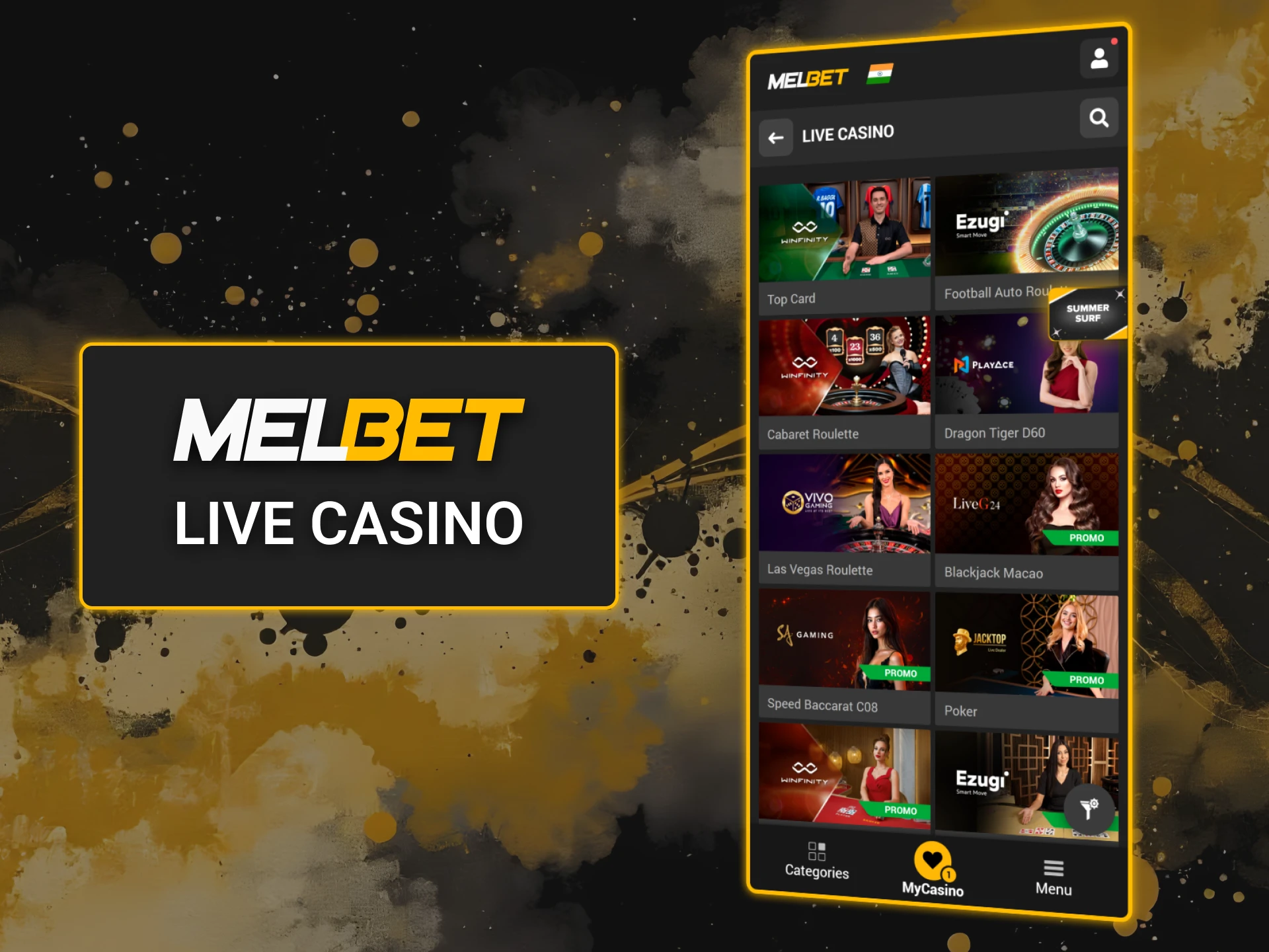Play with live dealers in Melbet Live Casino section.