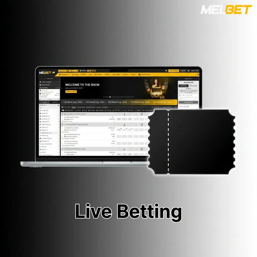 Melbet live betting interface showing in-play markets across 30+ sports with real-time odds and cash out feature