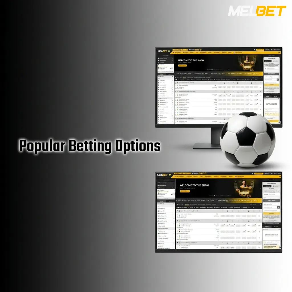 Melbet popular betting options including live betting, accumulators, multi live, pre-match, and long-term bets for Indian players